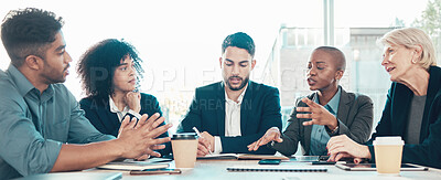 Buy stock photo Business people, documents and discussion in boardroom, meeting and planning with diversity in team. Men, women and law firm in negotiation with contract, agreement and technology in modern office