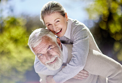 Buy stock photo Portrait, senior couple and piggyback in garden for care, support and happy for retirement. Woman, man and love in nature or park for holiday or vacation and weekend in countryside for summer