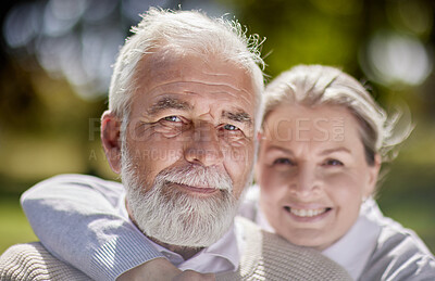 Buy stock photo Old couple hug in park with love, face and portrait with smile, retirement together with trust and support. Elderly man, woman and marriage with commitment, relationship and happy people outdoor