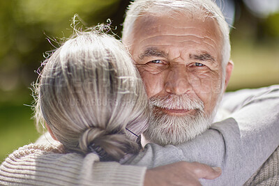 Buy stock photo Portrait, senior man and woman with hug in garden for support and happy for retirement. Embrace, male person and love in nature for holiday, care and weekend in countryside with sunshine for summer