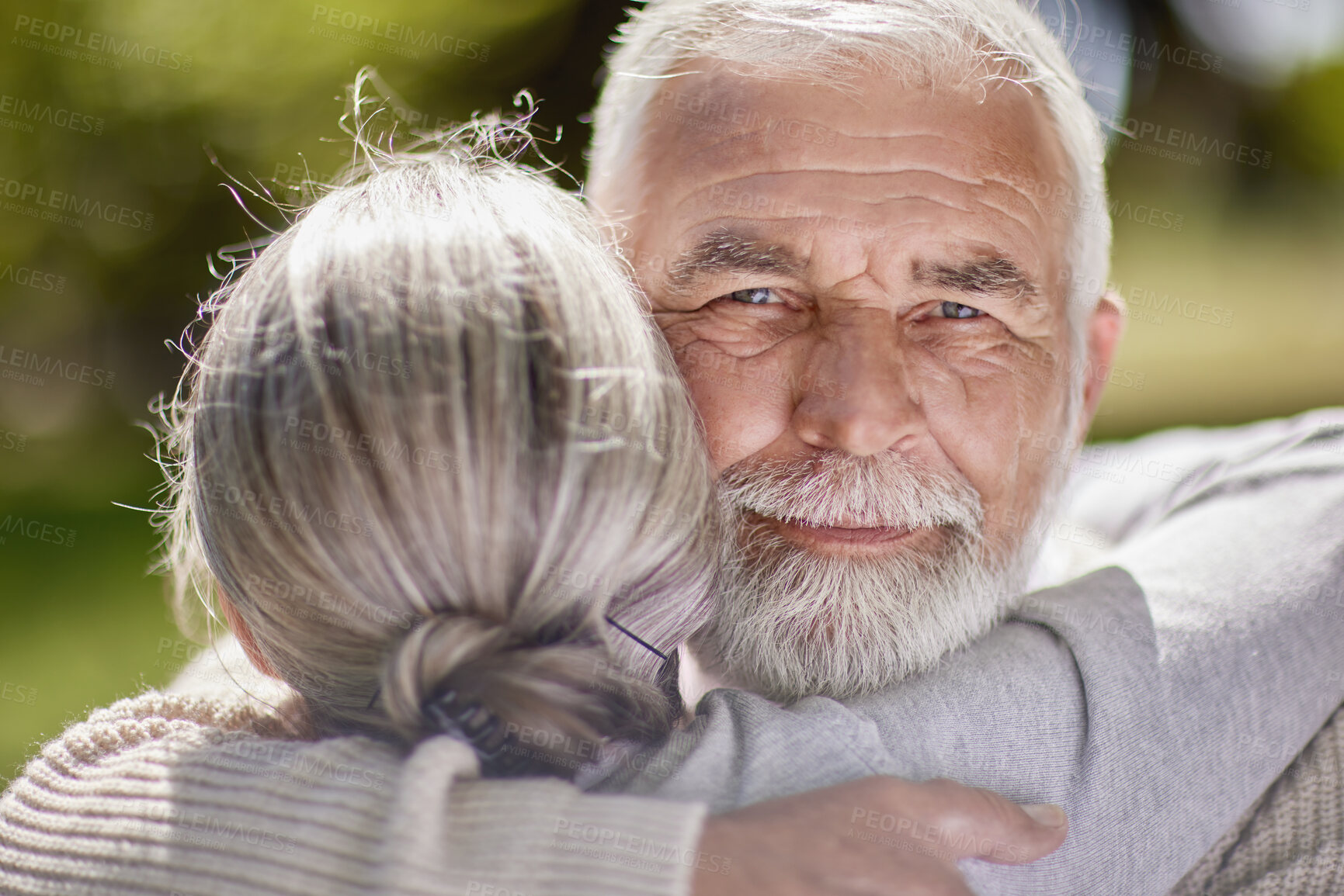 Buy stock photo Portrait, senior man and woman with hug in garden for support and happy for retirement. Embrace, male person and love in nature for holiday, care and weekend in countryside with sunshine for summer