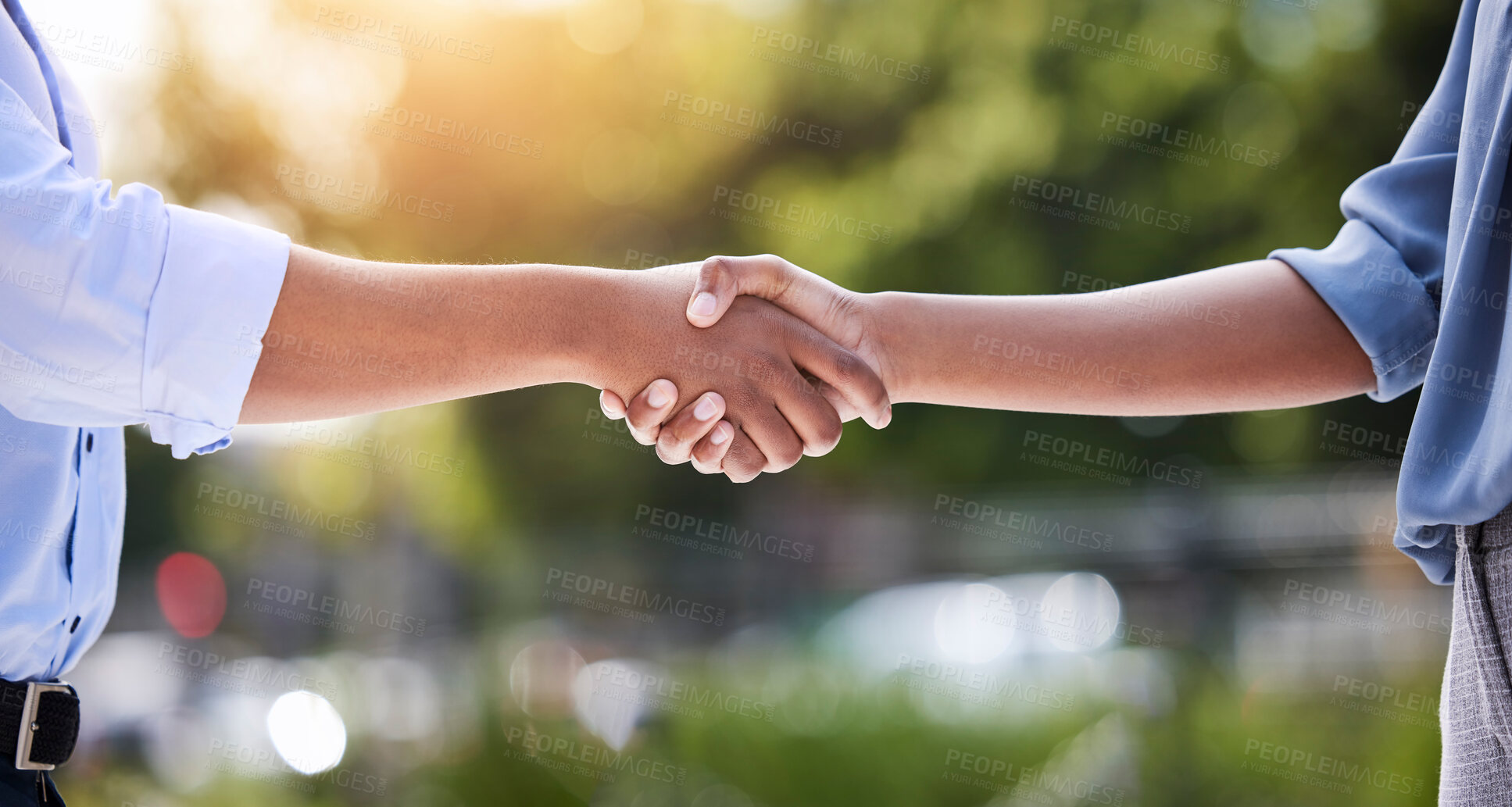 Buy stock photo Business, people and hand shake outside for agreement, b2b deal and gesture for greeting or partnership collaboration. Together, support and recruitment approve, thank you and meeting for trust