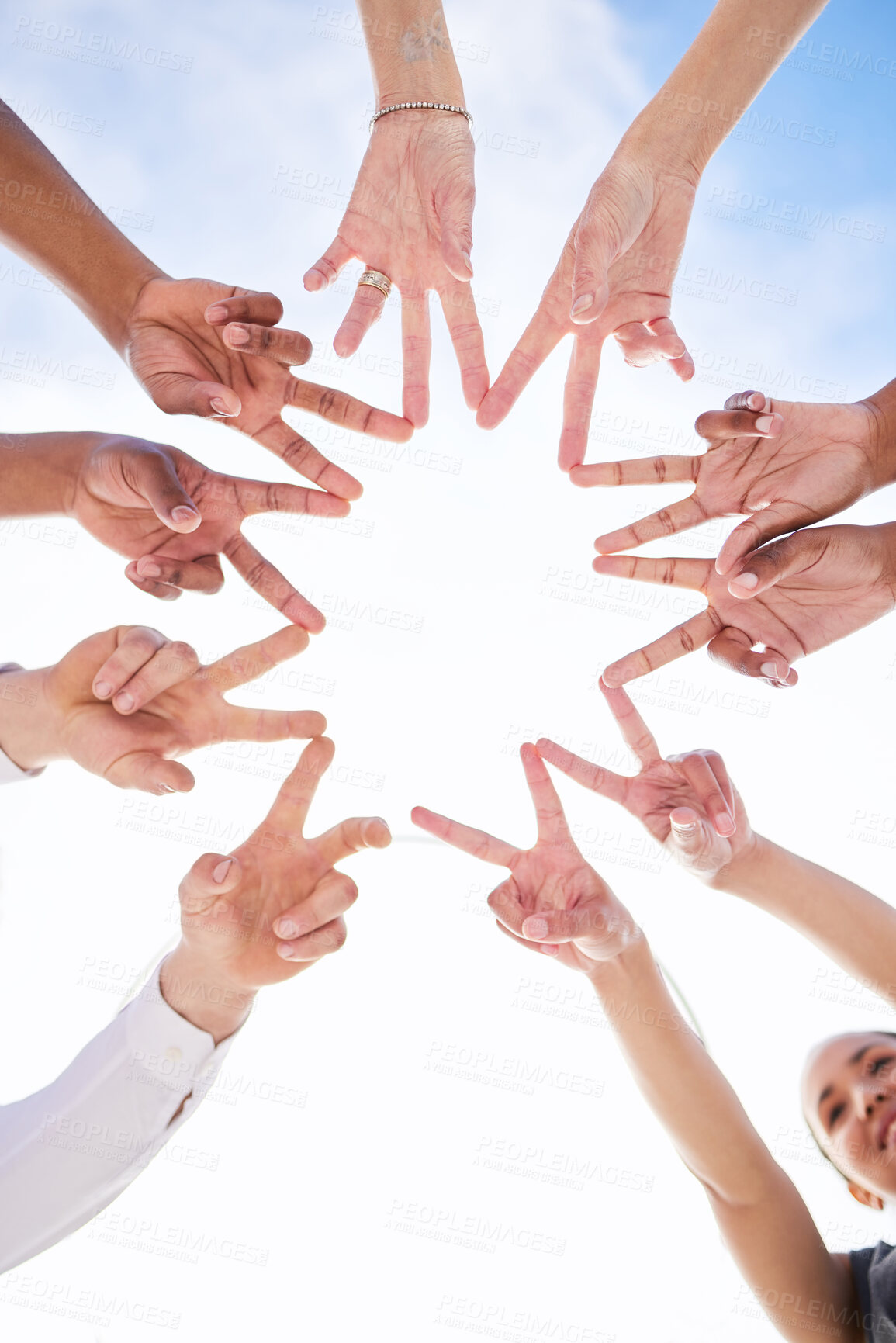 Buy stock photo Fingers, peace sign and teamwork with blue sky, diversity and unity for collaboration and support. Community, business people and low angle for group, goal and agreement for success and solidarity