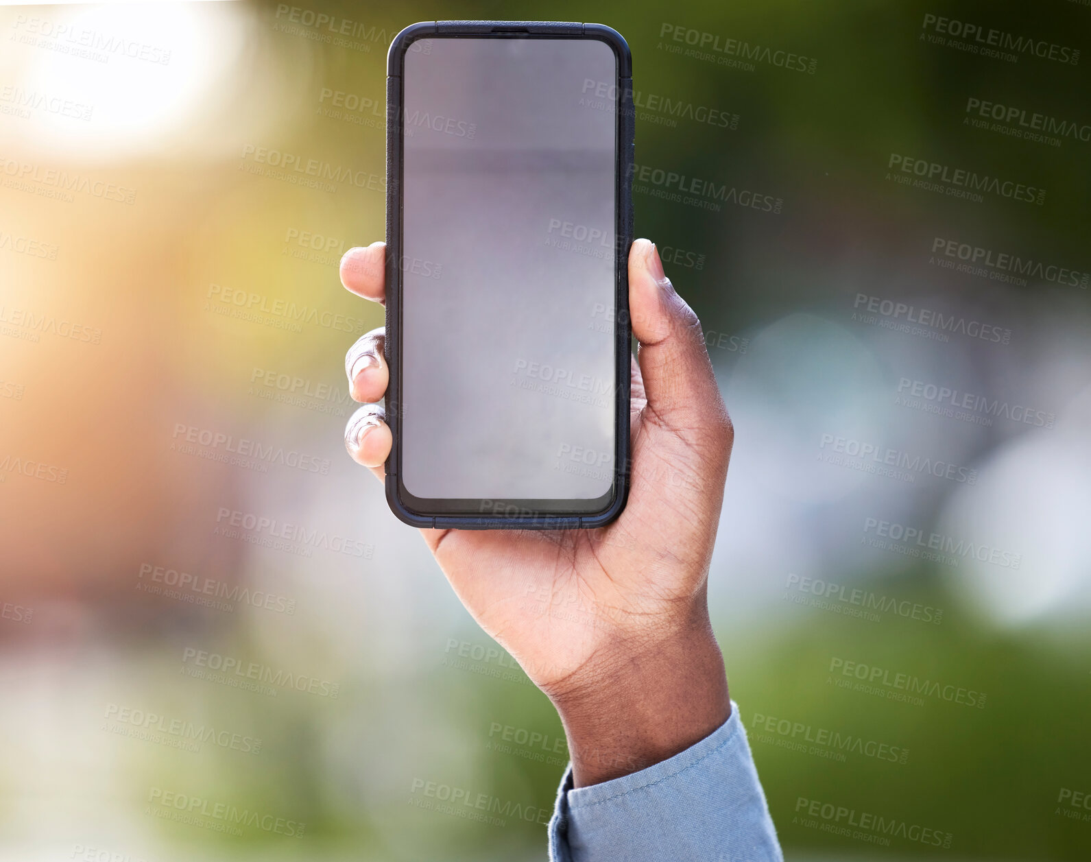 Buy stock photo Smartphone, hand and person outside with screen, display and communication for social networking with connectivity. Mock up, online browse and website or app notification on blank, email and review