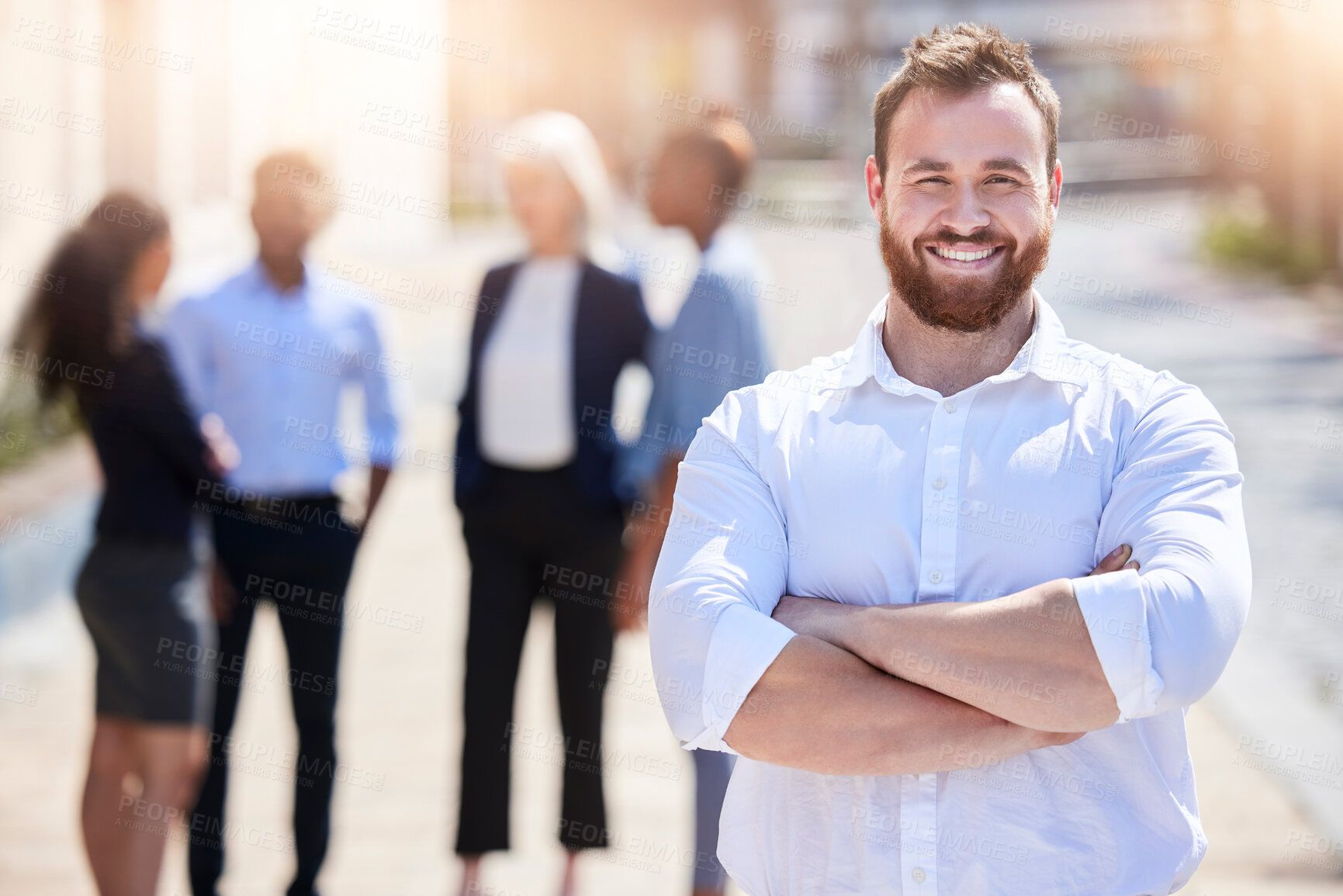 Buy stock photo Entrepreneur, portrait and man outdoor with arms crossed as leader of sales team at car dealership, Happy, salesman and confidence in city with vehicle insurance or selling used cars with group