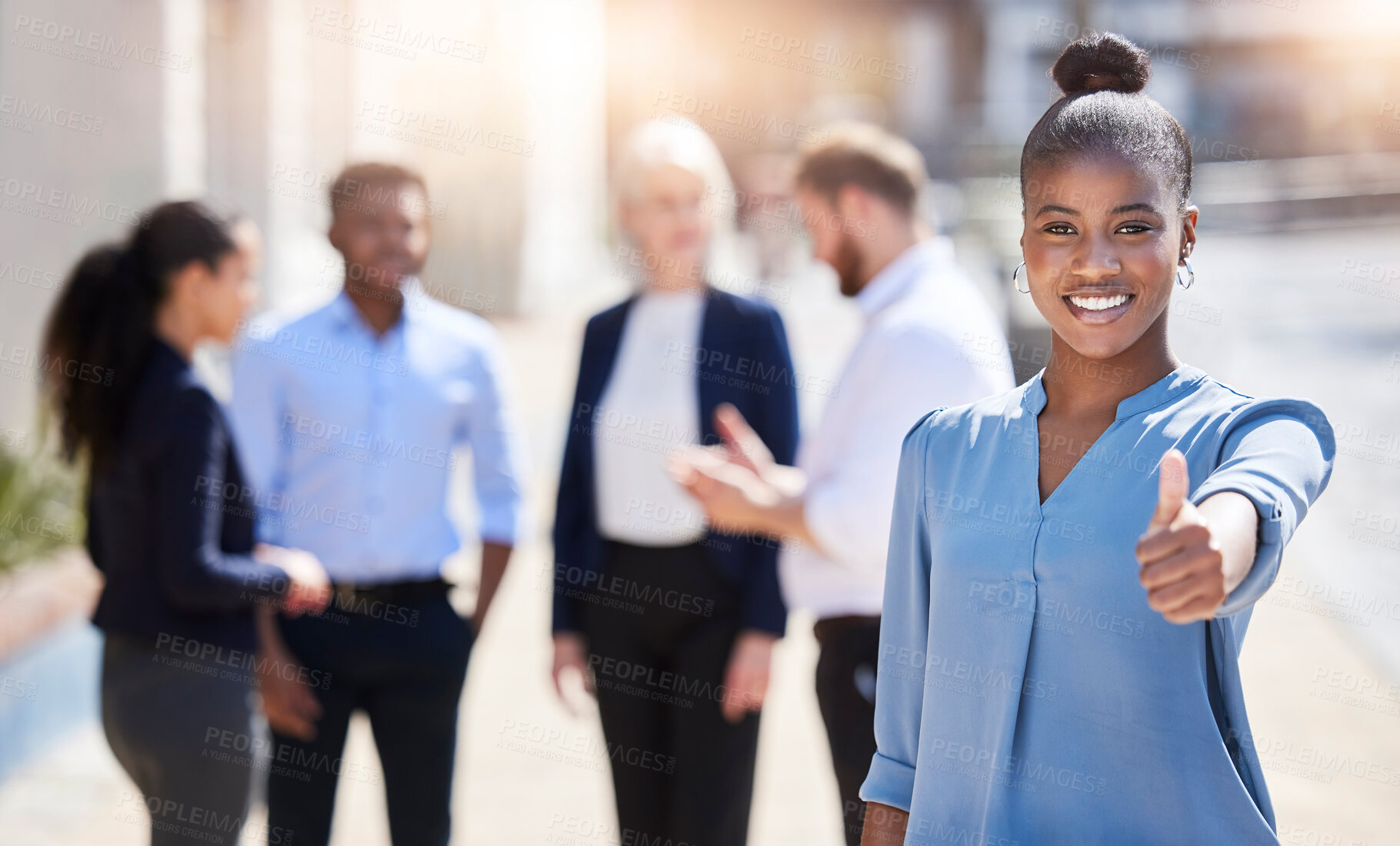 Buy stock photo Business, woman and thumbsup portrait or outside, leader and hand gesture for company mission with happy employee. Approval, good news and vision for work people, positive feedback and support