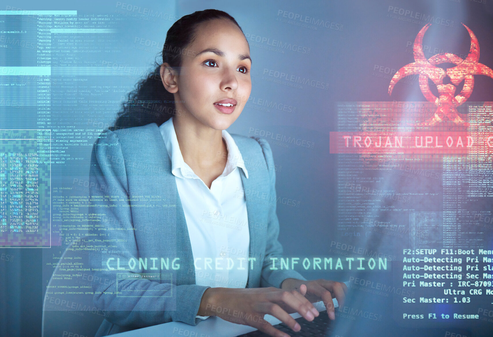 Buy stock photo Woman, computer and hologram for virus icon with coding, programming and scam with toxic symbol in night. Person, typing and futuristic warning for trojan horse, financial crime and credit card fraud