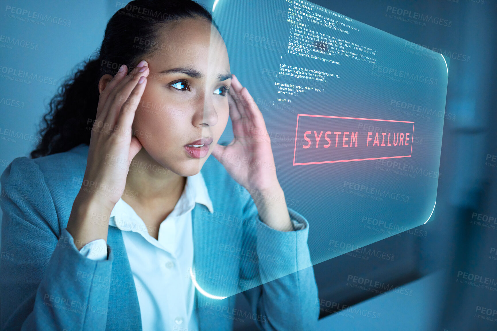 Buy stock photo Woman, hologram screen and office with system fail, night and stress with programming, 404 and glitch. Person, developer and information technology with coding ui, warning and digital transformation