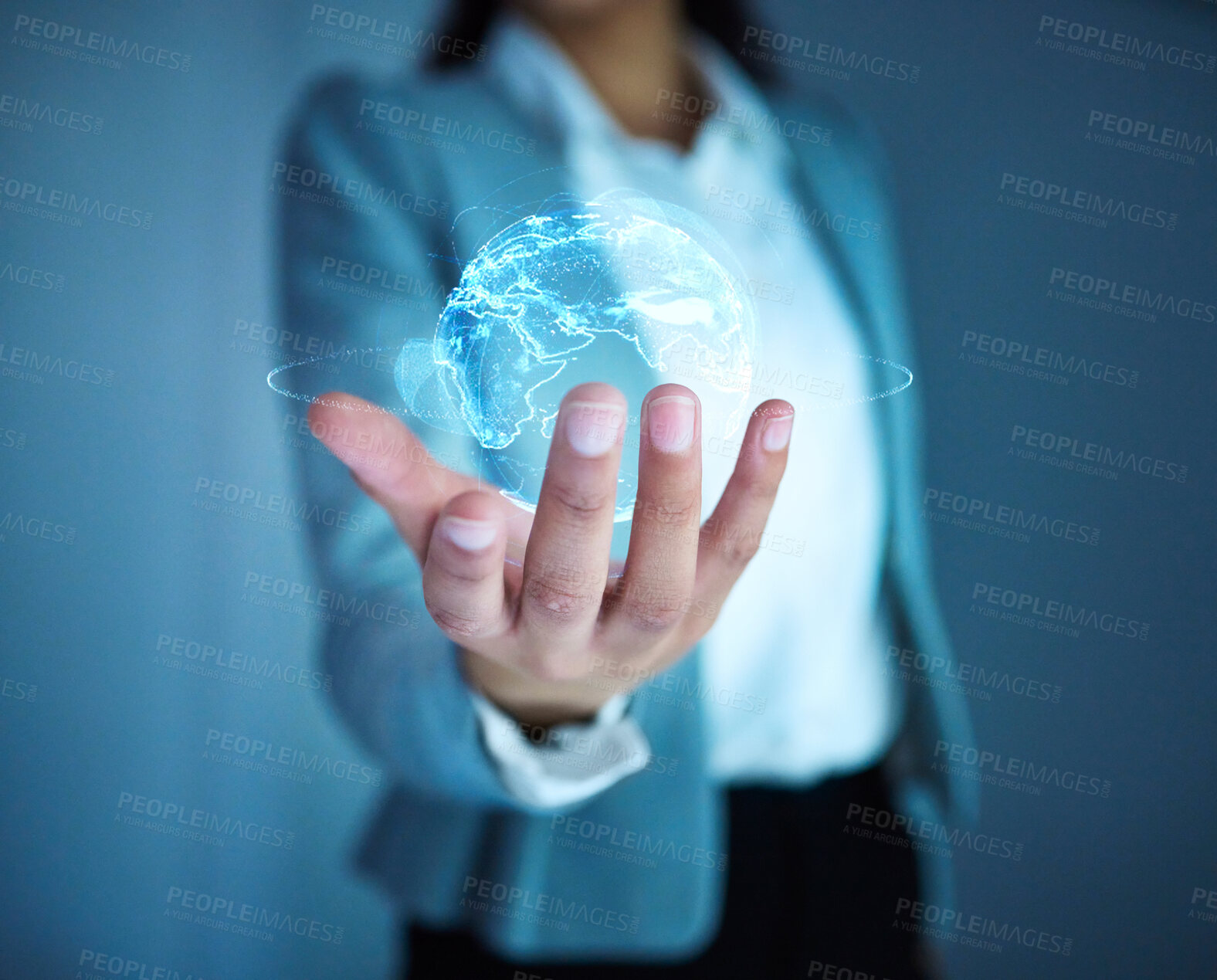Buy stock photo Corporate woman, hand and globe hologram for online, networking and cybersecurity business at night. Technology, web designer and software development for digital, company and cloud computing 