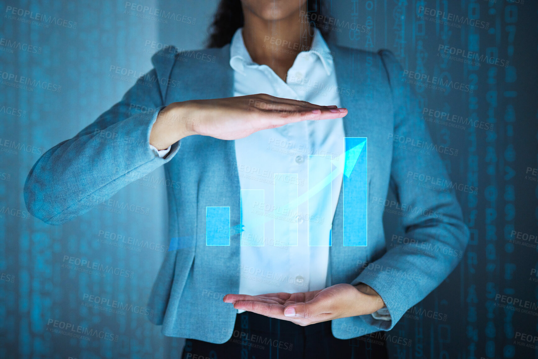 Buy stock photo Overlay, woman and hands with graph hologram for online, investment and analysis business at night. Technology, stock market and trader in office for digital, financial and cloud computing for crypto