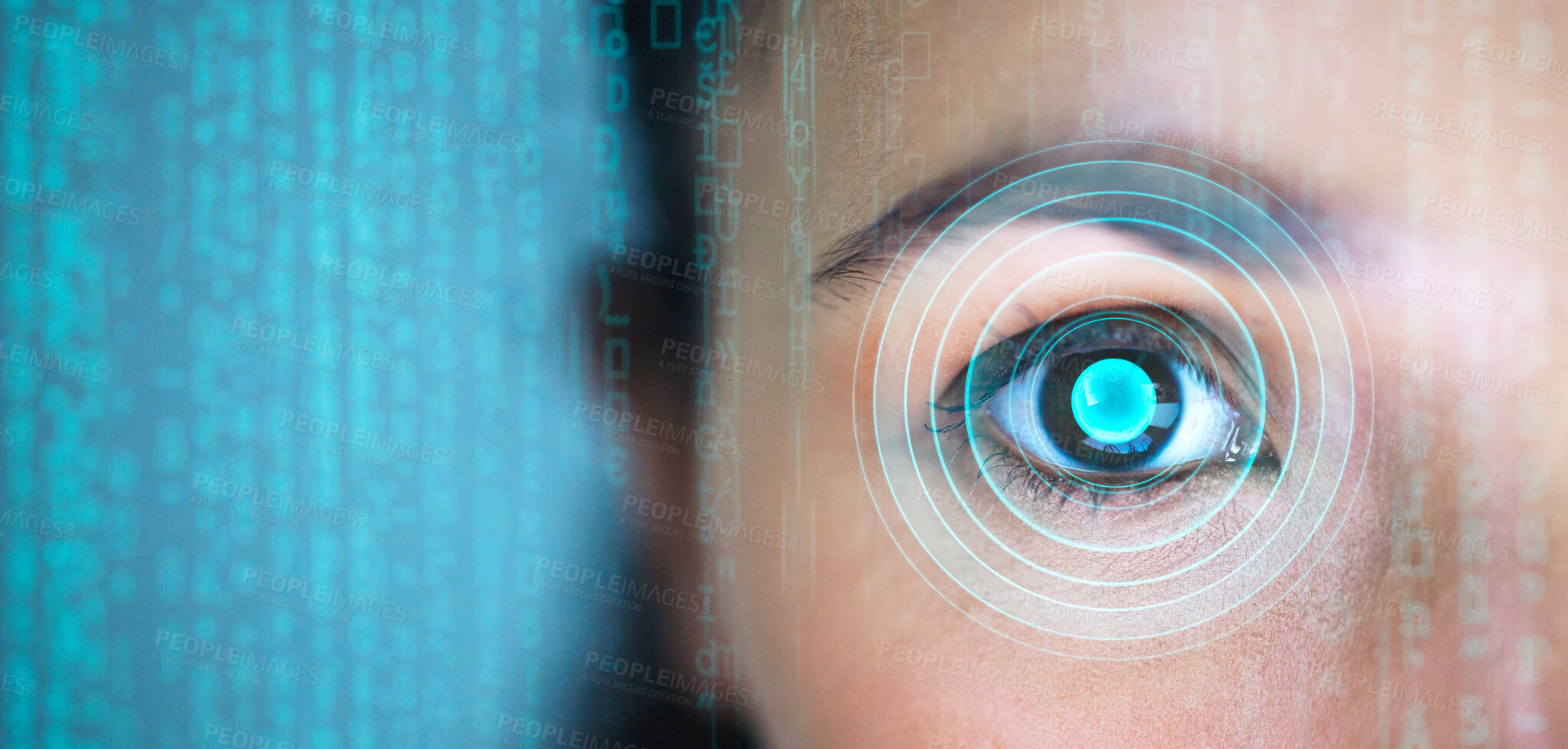 Buy stock photo Woman, eye and hologram for biometric coding, cybersecurity and safety from computer virus in portrait. Person, retina scan and information technology with recognition, pattern and futuristic overlay