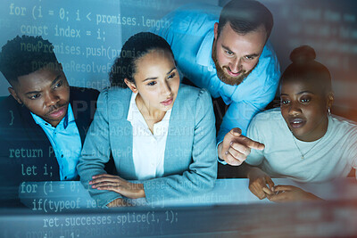 Buy stock photo Shot of a diverse group of businesspeople sitting in the office and planning with a cgi screen