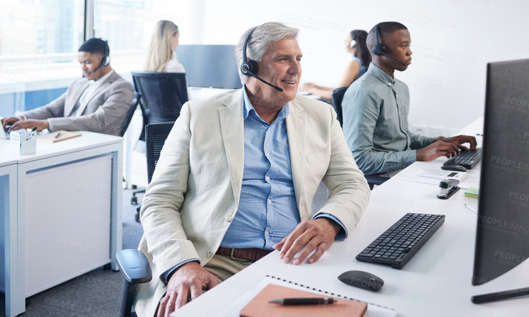 Buy stock photo Customer service, office and mature man on computer for insurance sales, online help and consulting. Coworking, call center and person with headset for communication, crm support and telemarketing