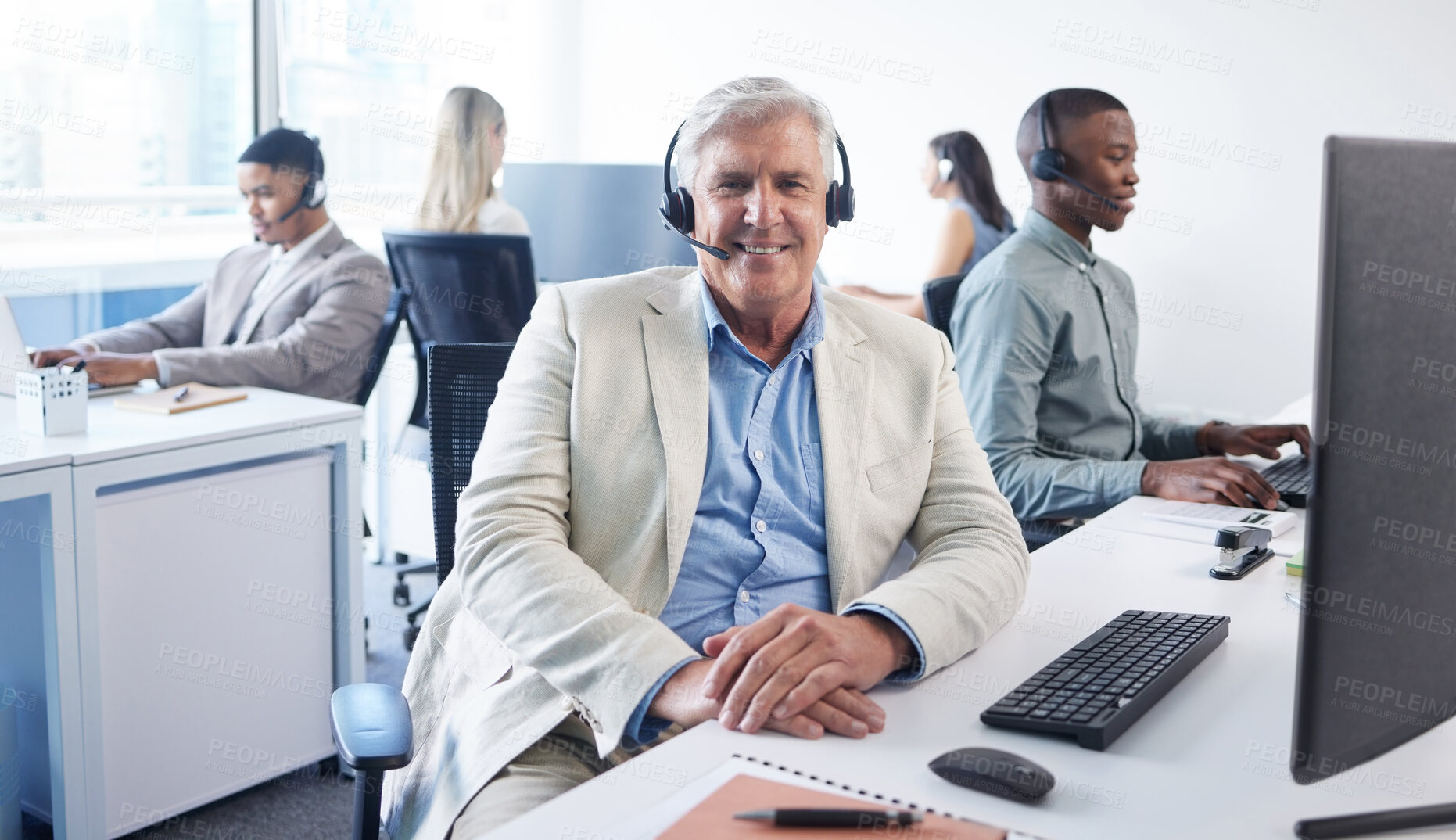 Buy stock photo Happy businessman, computer and portrait in call center for client support, telecom and crm in office. Mature agent, lead generation and smile by pc for customer service, telemarketing and contact us