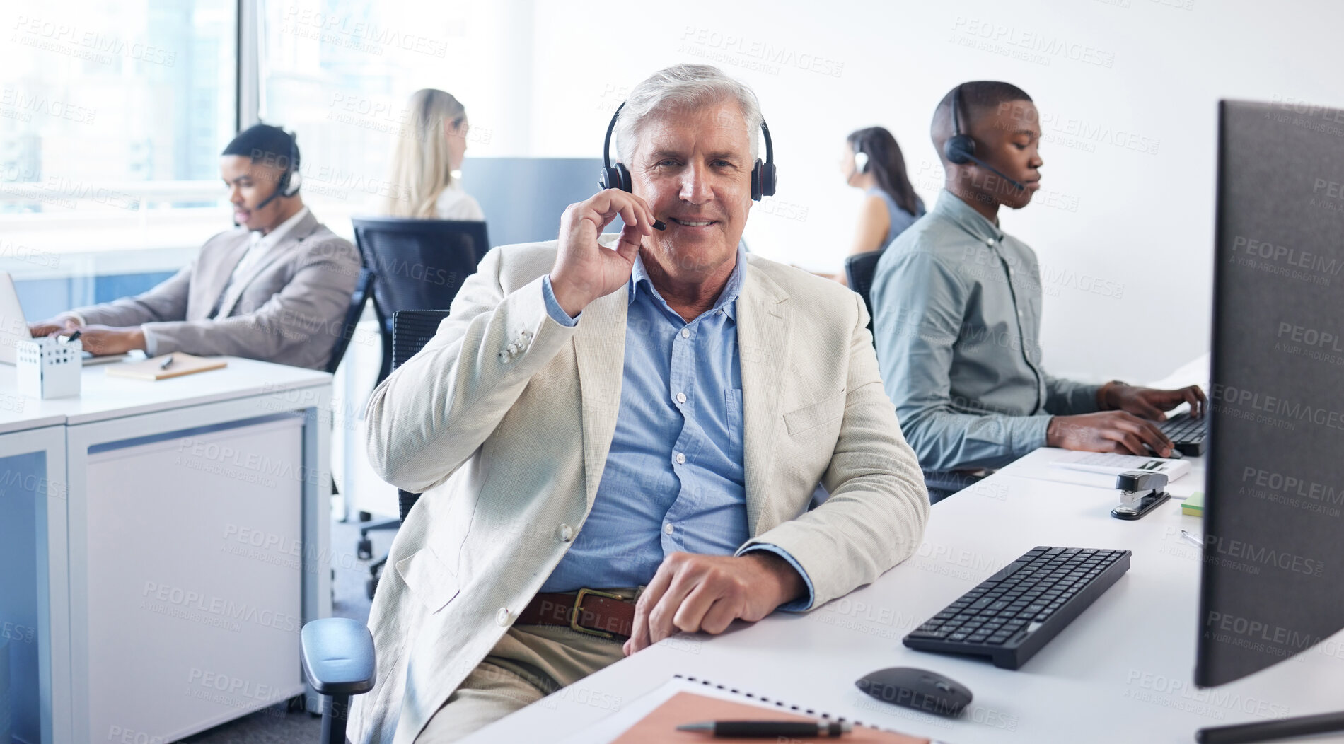 Buy stock photo Customer service, call center and portrait of mature man on computer for sales, online help and consulting. Corporate, office and person with headset for communication, crm support and telemarketing