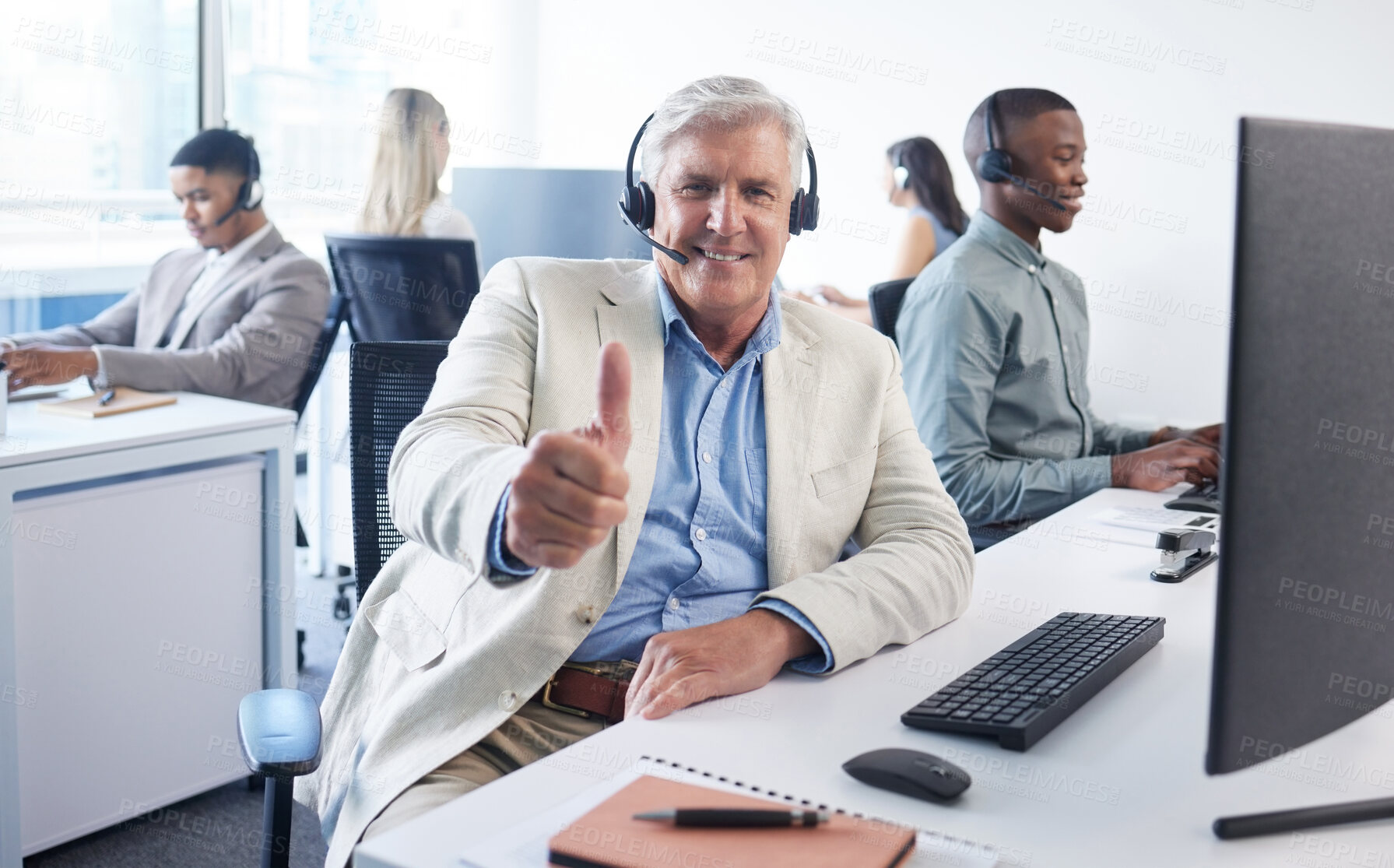 Buy stock photo Business man, thumbs up and call center portrait with communication, yes and crm success in office. Mature, customer service and like emoji with thank you for telemarketing, sales and online help