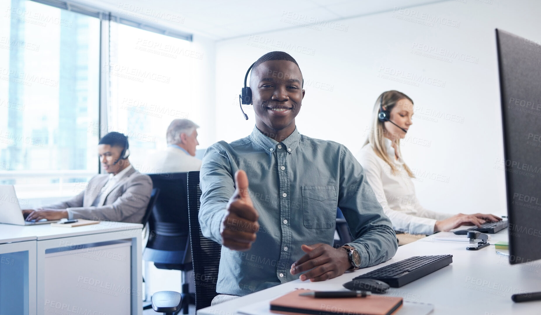 Buy stock photo Thumbs up, call center and portrait of black man in office for insurance technical support or telemarketing. Smile, ecommerce and African consultant with approval hand gesture for customer service.