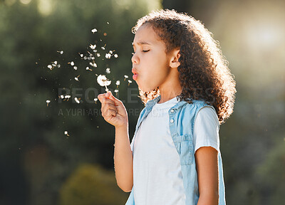 Buy stock photo Shot of an adorable little girl blowing a dandelion