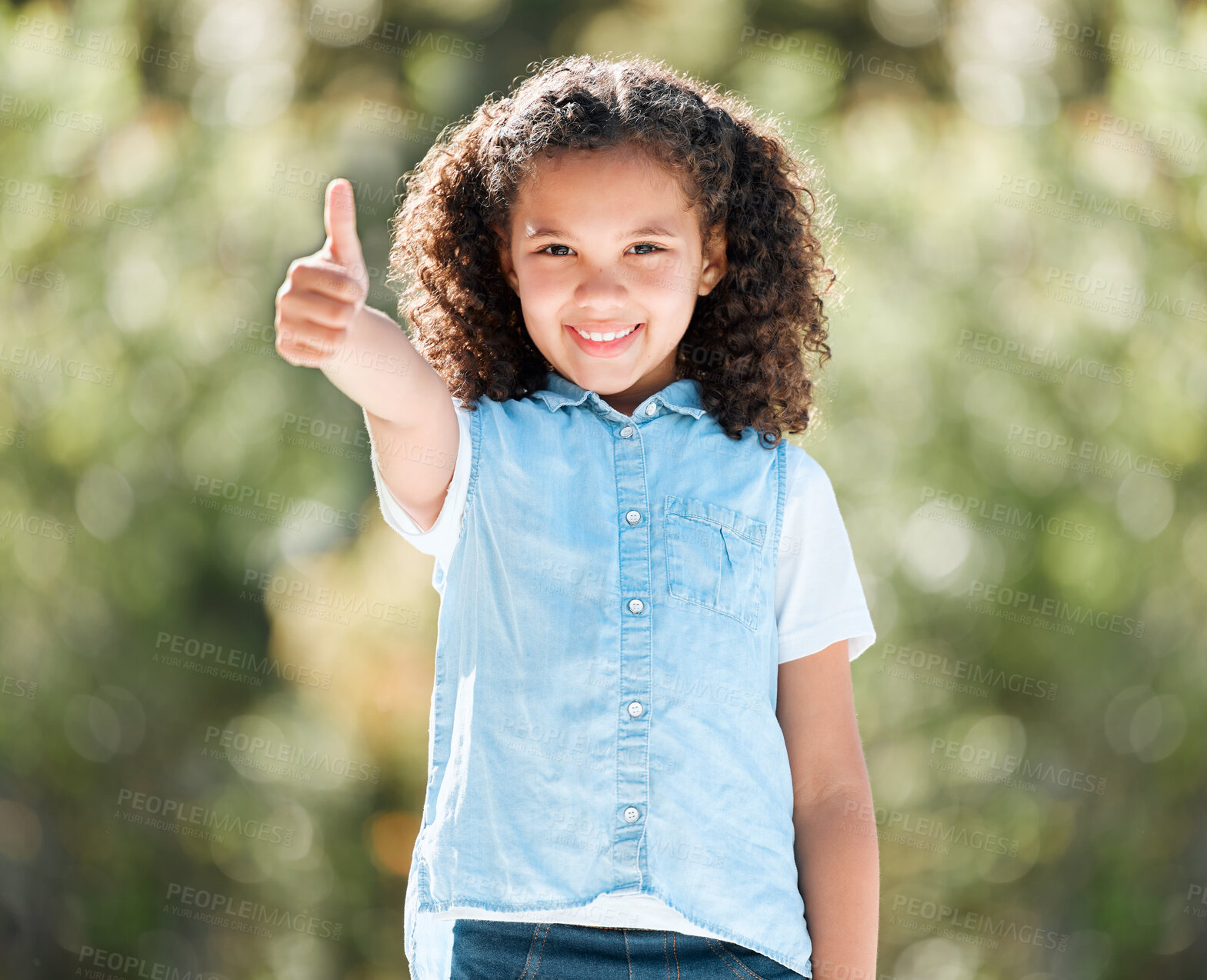 Buy stock photo Portrait, smile and thumbs up with girl in nature for success, support or thank you in summer. Emoji, like and yes with happy winner child outdoor in garden or park for celebration, growth or trust