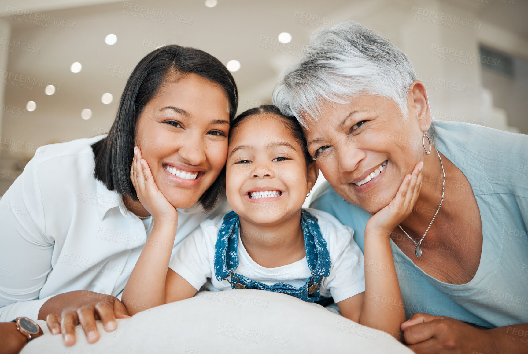 Buy stock photo Portrait, women and child with grandmother, happiness and bonding together in family home or lounge. Female people, little girl and smile in living room or house for growth, support and love in Chile