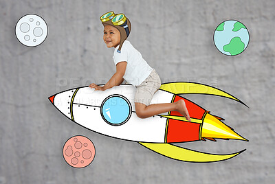 Buy stock photo Shot of a boy pretending to ride a rocket