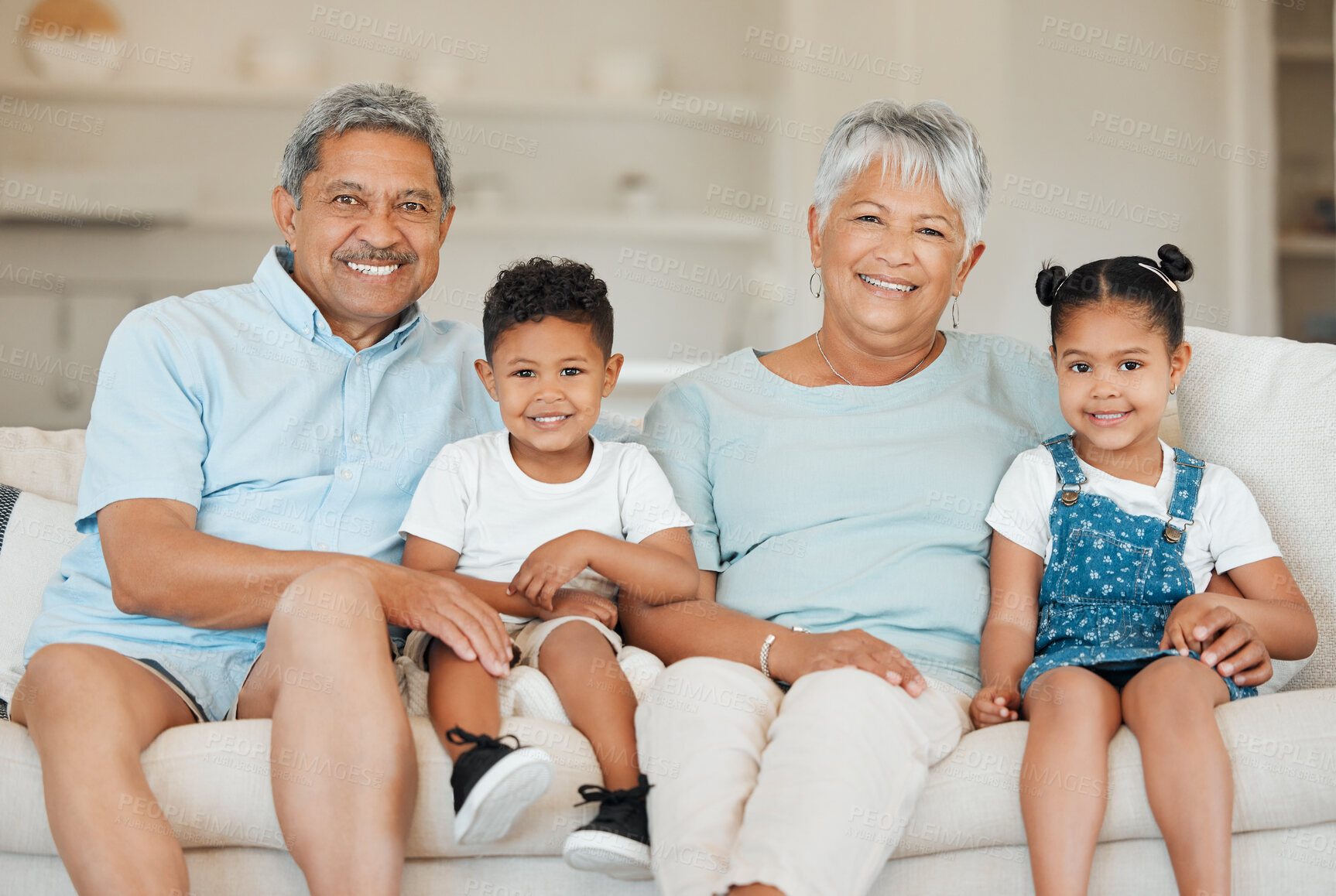 Buy stock photo Portrait, family and smile in home, bonding and fun in living room on house sofa. Grandparents, couple and happy grandchildren with grandmother and grandfather for love, relax and together in lounge