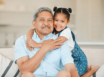 Buy stock photo Family, grandfather and grandchild hug with smile in portrait, happiness and bonding at home. Love, care and trust with elderly man and happy young child with embrace, affection and living room couch