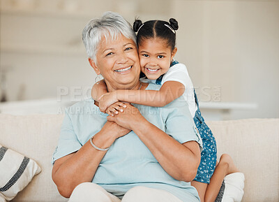 Buy stock photo Family, grandmother and grandchild hug with smile in portrait, happiness and bonding at home. Love, care and trust with elderly woman and young child in living room, embrace and happy at house