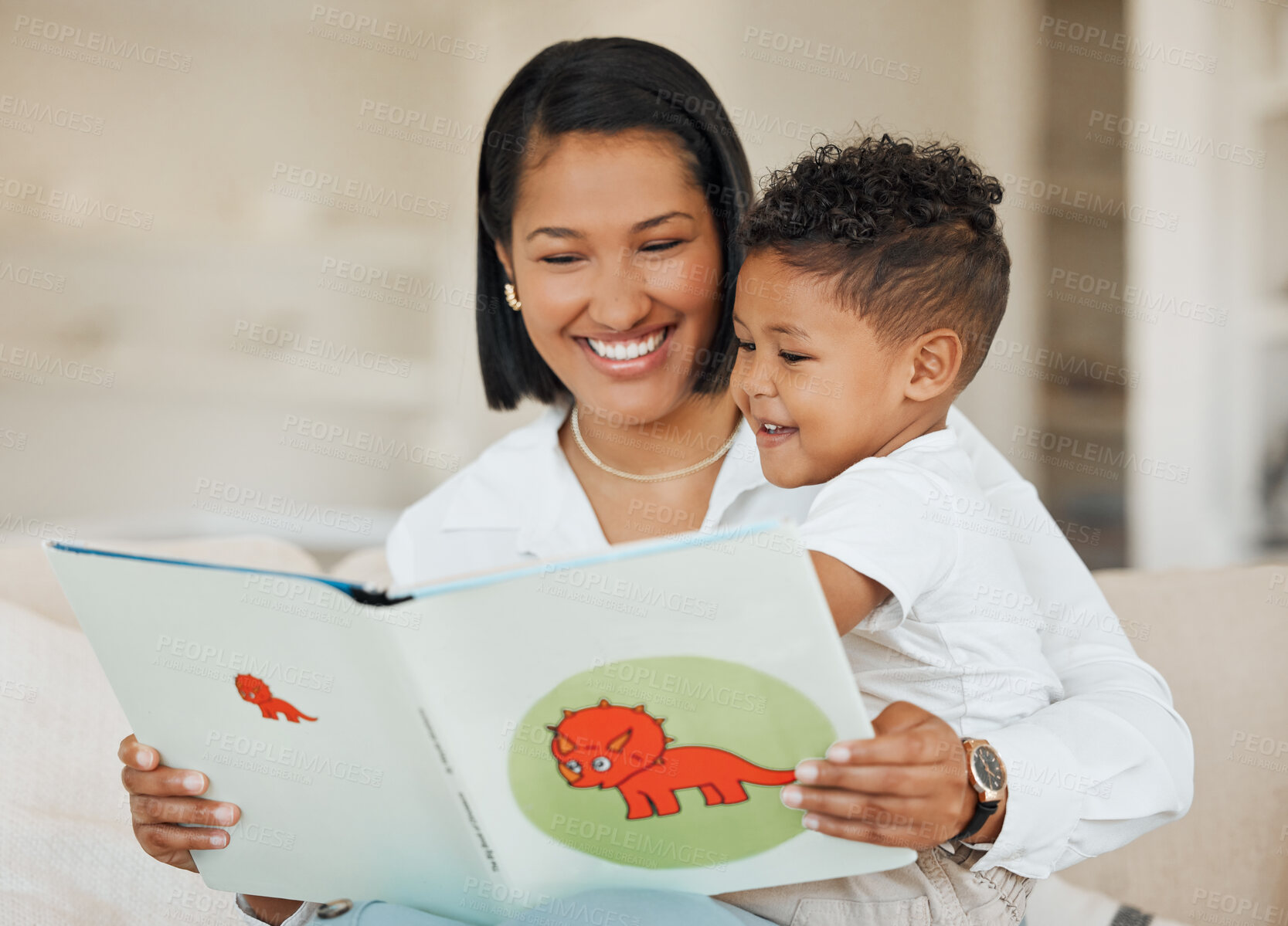 Buy stock photo Reading, book and child as mother with happiness, bonding and together in family home or lounge. Woman, toddler and smile in living room for education, love and care in growth, support or development