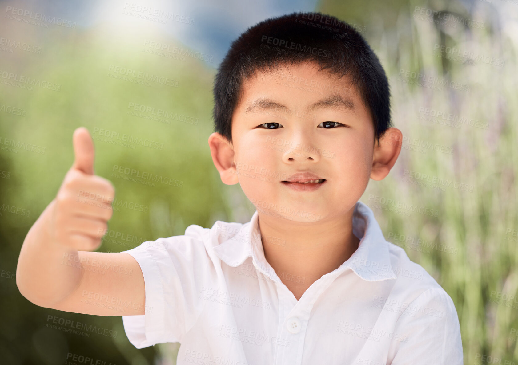 Buy stock photo Shot of a little boy showing thumbs up in a garden