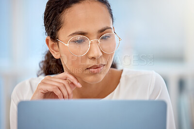 Buy stock photo Face, laptop and problem solving with freelance woman in home office for information or research. Glasses, reading and research with remote work employee in apartment for small business startup