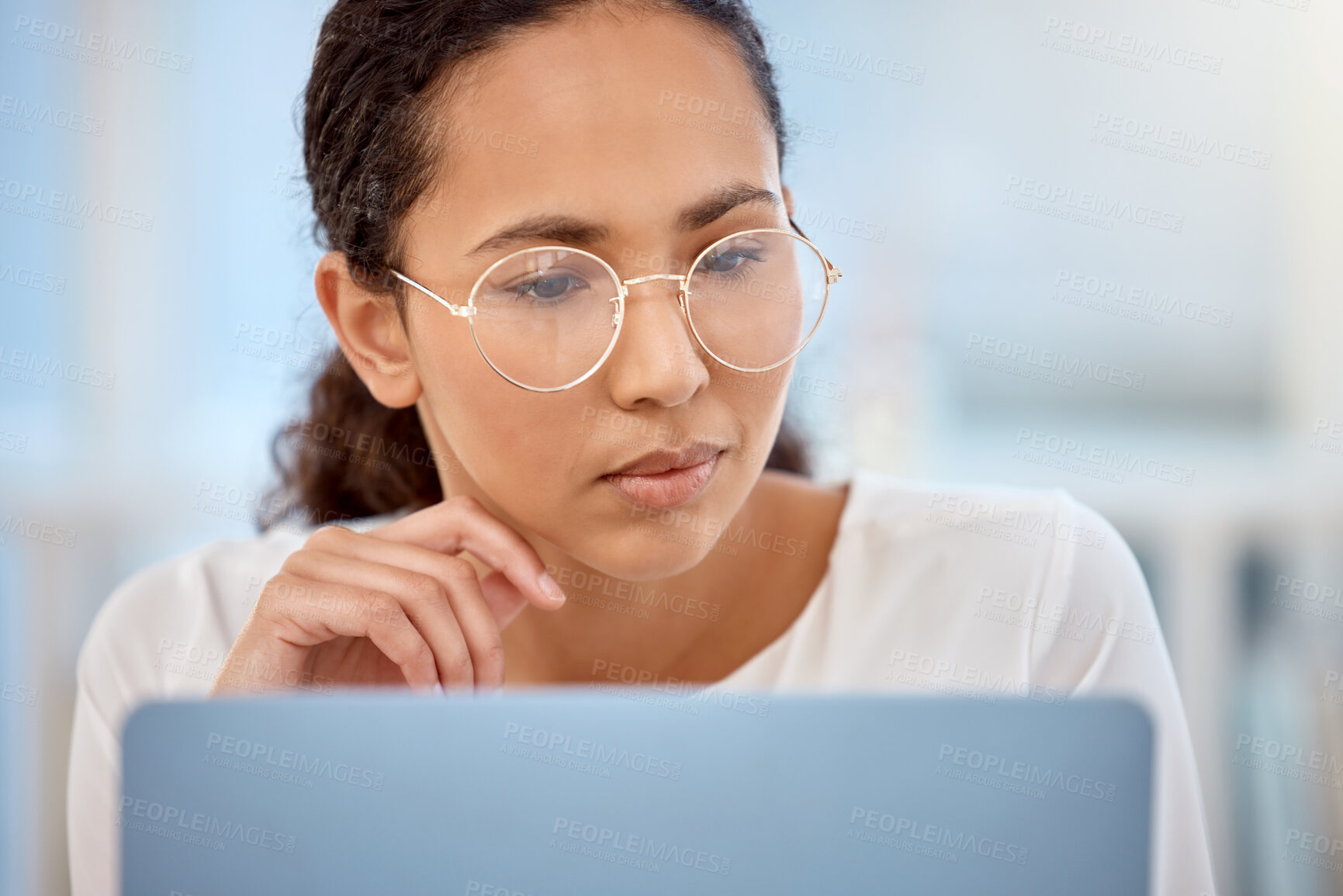 Buy stock photo Face, laptop and problem solving with freelance woman in home office for information or research. Glasses, reading and research with remote work employee in apartment for small business startup