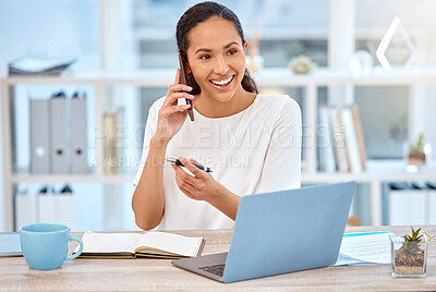 Buy stock photo Woman, planning and phone call in office thinking with contact to source of journalist. Happy, chat or writer with online communication in social network for news, research or notes of info and ideas