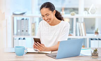 Buy stock photo Business, typing and woman with cellphone, internet and connection for social media, research and digital app for news. Happy person, publisher and journalist with smartphone, online reading or smile