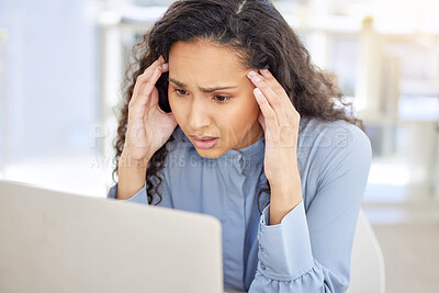 Buy stock photo Business woman, headache and stress on laptop for copywriting deadline, report or editing mistake in office. Confused editor or online writer with pain, migraine or worried for wrong article or news