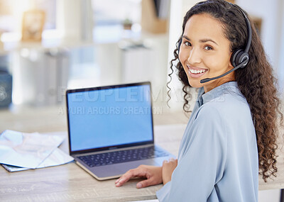 Buy stock photo Business woman, call center and laptop green screen for customer support, communication and virtual service. Portrait of e commerce agent or telecom advisor with computer for contact and chat mockup