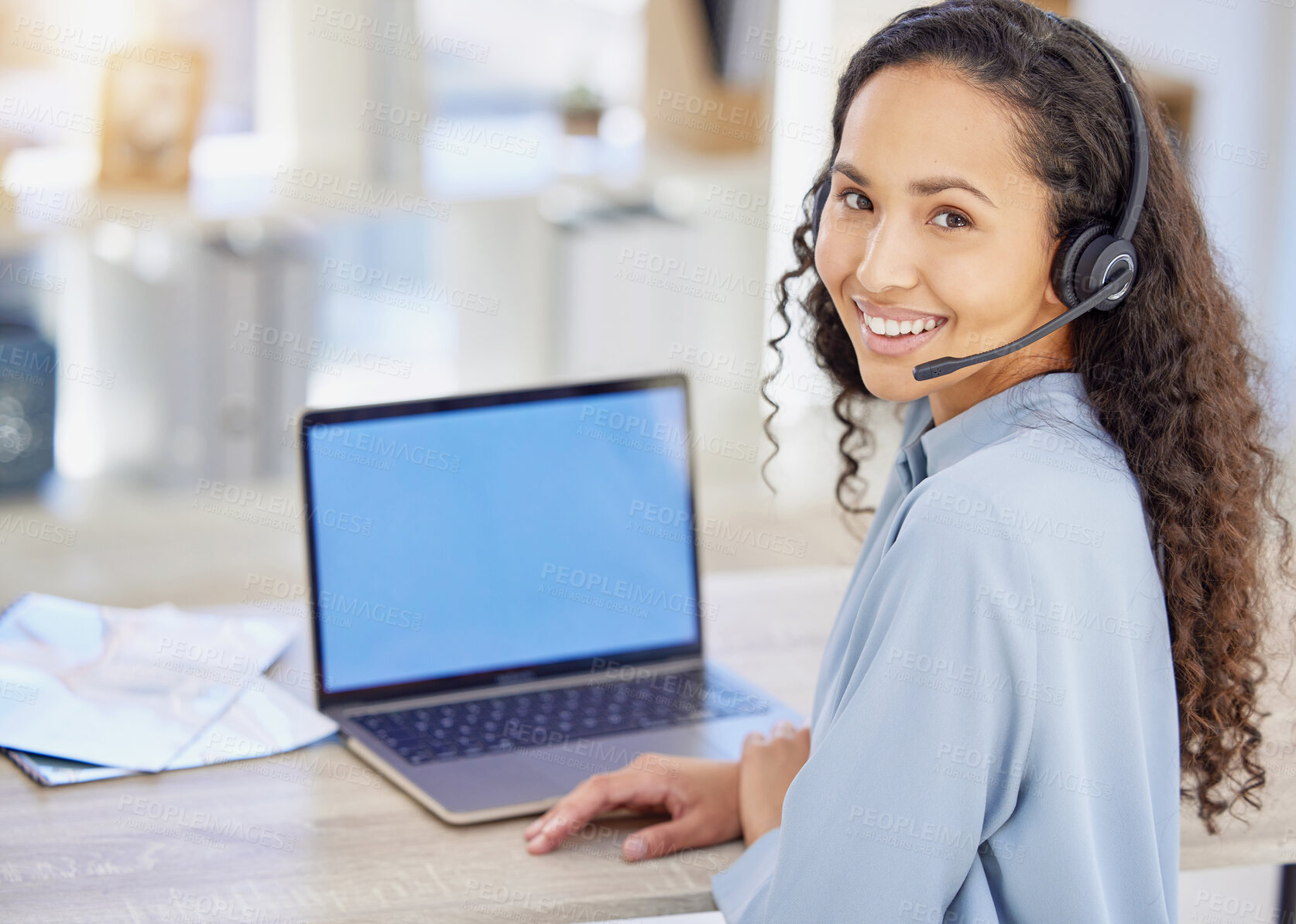 Buy stock photo Business woman, call center and laptop green screen for customer support, communication and virtual service. Portrait of e commerce agent or telecom advisor with computer for contact and chat mockup