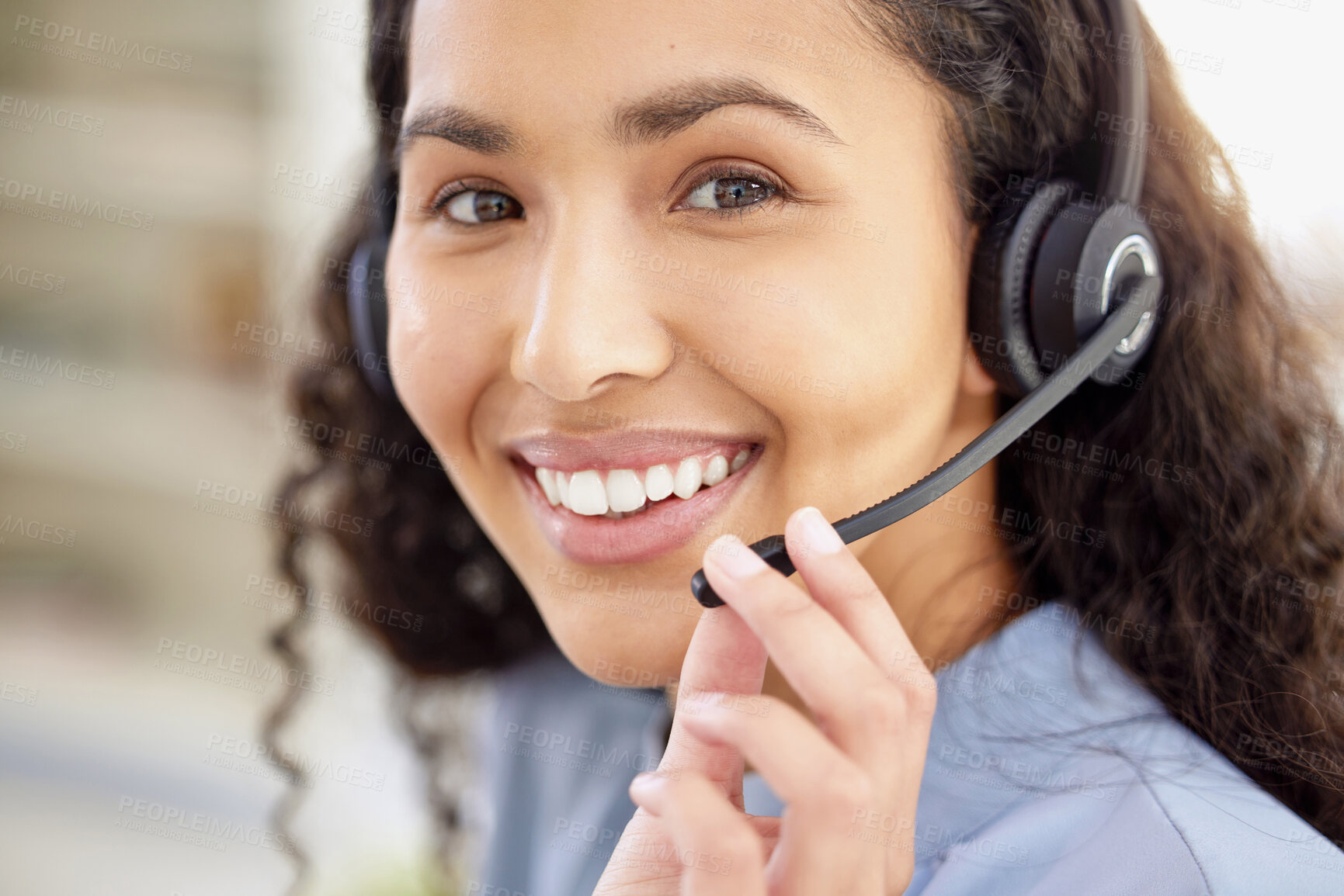 Buy stock photo Business woman, call center and portrait for communication, customer service or e commerce support. Happy face of professional consultant or headphones with mic for advice, questions and contact us