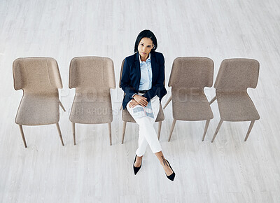 Buy stock photo Business woman, waiting room and line of chairs for interview, hiring or recruitment at the office. Portrait of female person or employee sitting for appointment, meeting or career opportunity in row