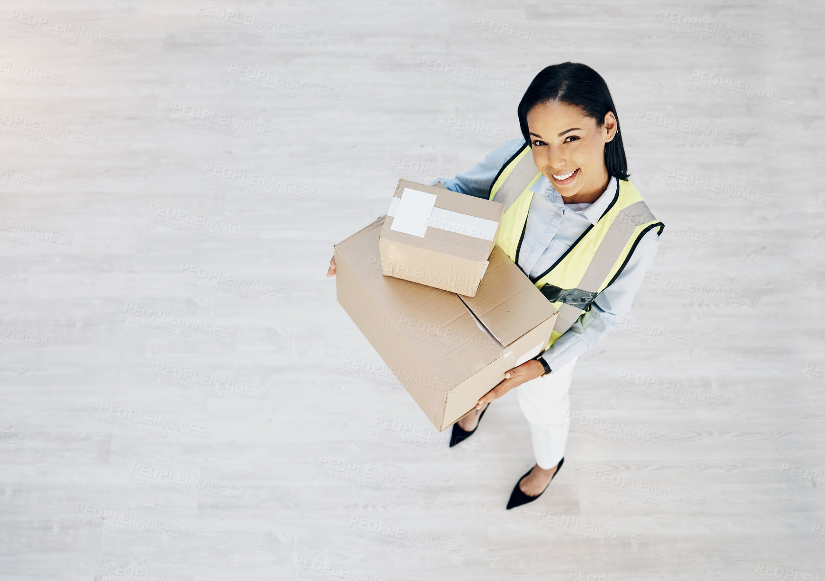 Buy stock photo Courier, boxes and portrait of delivery woman from above for logistics, cargo or shipping industry. Happy female worker with cardboard box or package from supply chain for distribution service mockup