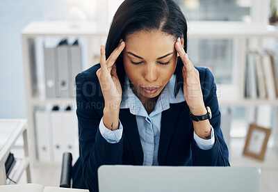 Buy stock photo Headache, stress and business woman in office for HR report, online mistake or payroll problem on computer. Tired, frustrated of Human Resources employee or person, mental health risk or budget fail