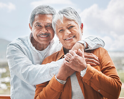 Buy stock photo Senior, couple and outdoor portrait with smile, love and embrace on balcony on retirement holiday. Elderly man, woman and hug with happy marriage, romance and travel vacation with bonding on terrace