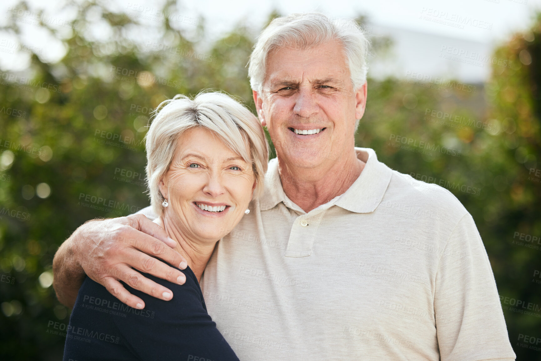 Buy stock photo Outdoor, portrait and senior couple with hug for care, support and love in marriage relationship with happiness. Park, man and woman with embrace for connection, security and bonding in retirement