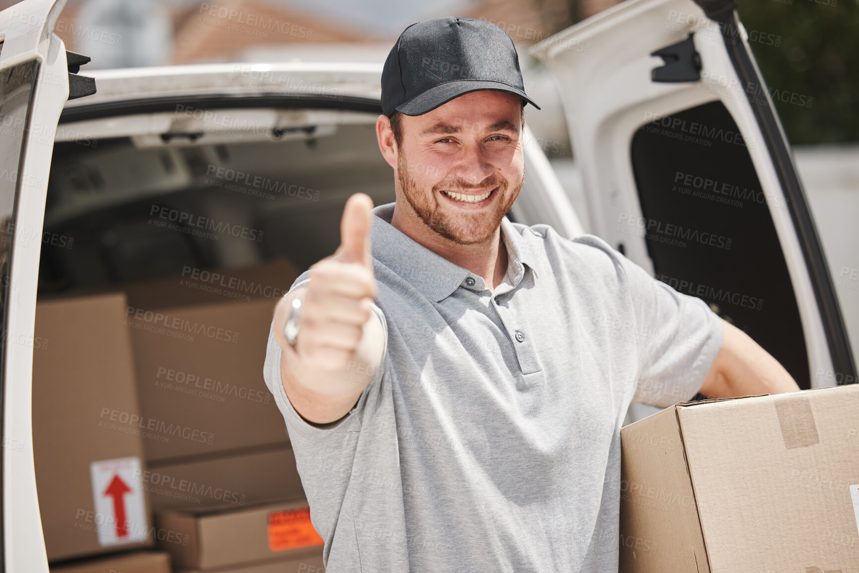 Buy stock photo Van, portrait and delivery man with thumbs up for boxes, product safety or shipping services. Smile, good hand gesture or confident courier worker with package, transport or distribution in France