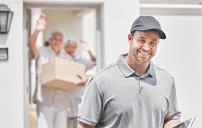 Buy stock photo Cropped portrait of a handsome young male courier leaving his customers' home after making a delivery