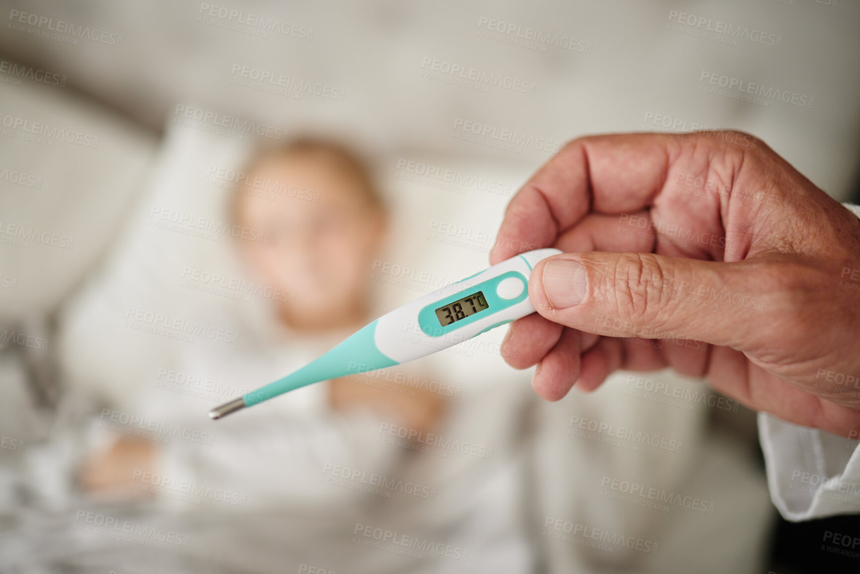 Buy stock photo Parent, hand and reading thermometer for sick child in bed to monitor temperature for fever or covid infection. Person, kid and checking for cold, illness or flu in home for closeup or mpox symptoms