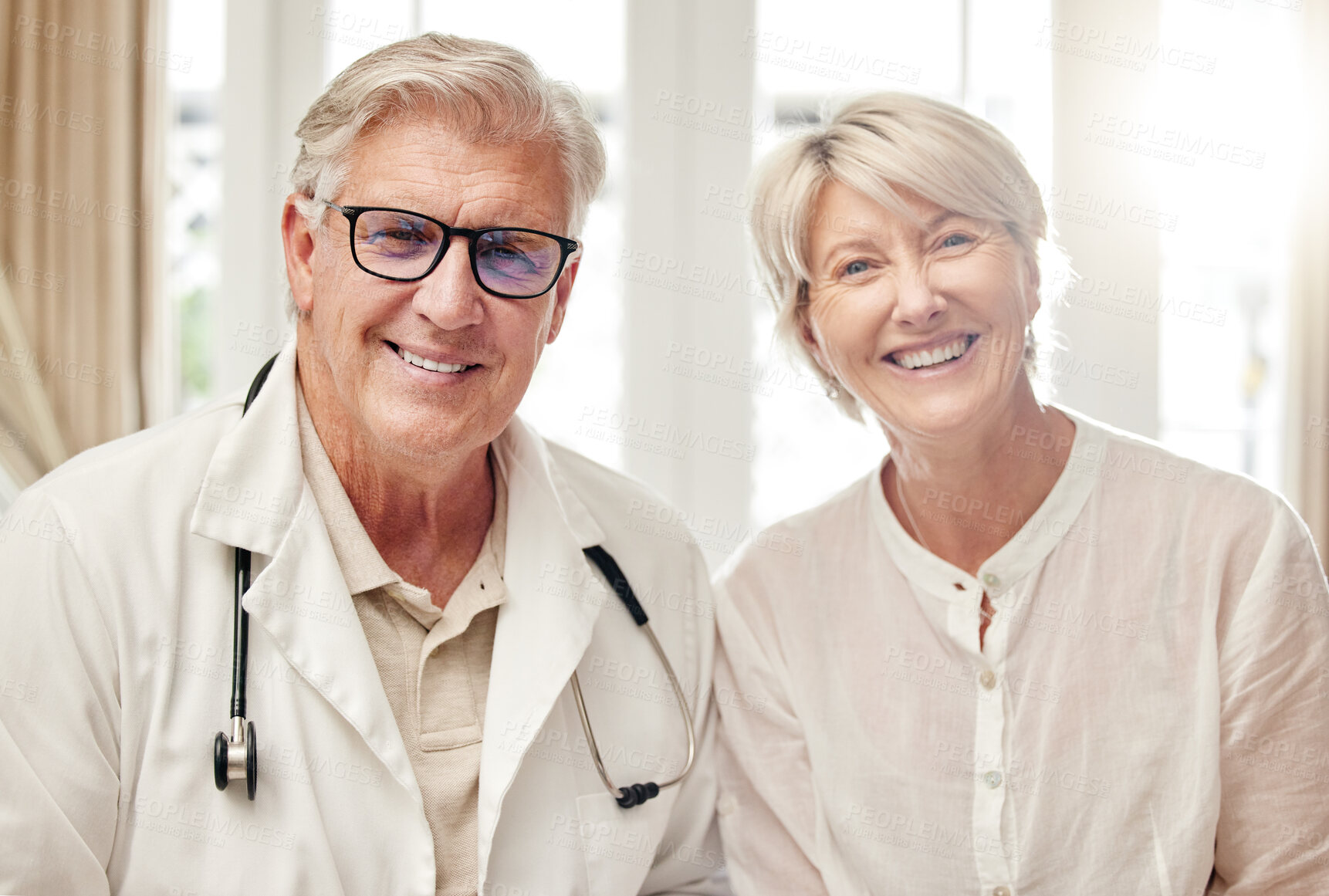 Buy stock photo Happy, portrait and doctor with senior patient for healthcare consultation, communication or checkup. Wellness, professional and male medical worker with elderly woman for discussion in clinic.