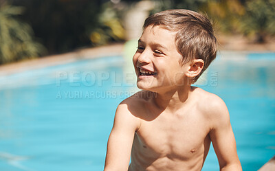 Buy stock photo Fun, smile and boy child in pool for summer holiday, relax and playing at hotel for outdoor tourism. Happy, travel and kid swimming in water on tropical vacation, weekend and playful adventure