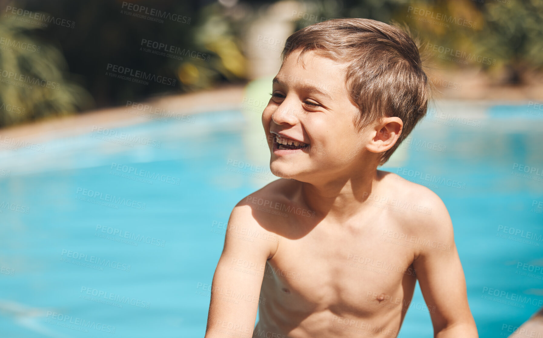 Buy stock photo Fun, smile and boy child in pool for summer holiday, relax and playing at hotel for outdoor tourism. Happy, travel and kid swimming in water on tropical vacation, weekend and playful adventure