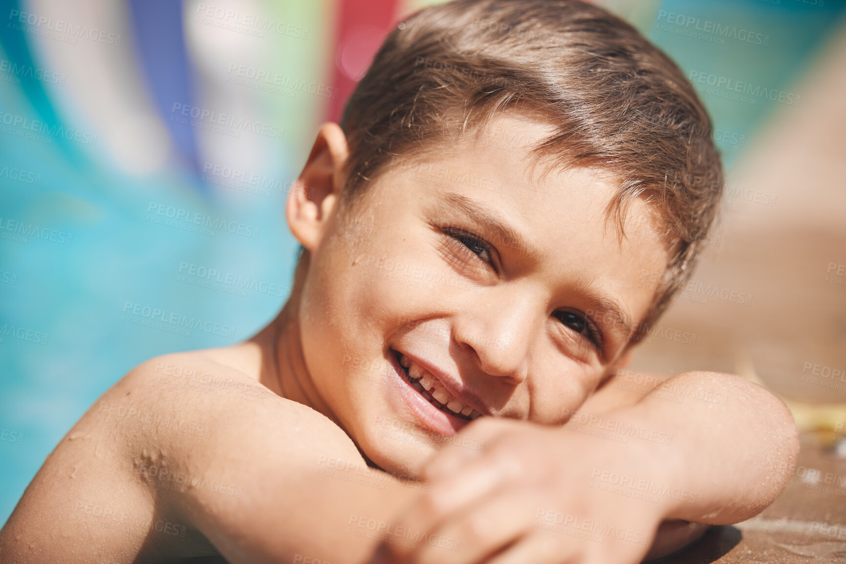 Buy stock photo Relax, smile and boy child in pool for summer holiday, fun and playing at hotel for outdoor island tourism. Happy, travel and kid swimming in water on tropical vacation, weekend and playful adventure